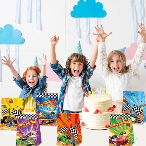 24Pcs Hot Car Birthday Party Supplies Race Car Party Favor Bags with Stickers Colorful Racing Themed Paper Gift Goodie Bags Checkered Flag Race Theme Treat Candy Bag for Kids Boys Birthday Decorations