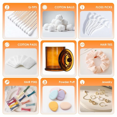 LITIVY 4 Pack Bathroom Organizers and Storage - 16 Oz Glass Qtip Holder & Cotton Pad Dispenser with Lid, Apothecary Jars for Home, Room Decor, Kitchen Organizer (Amber)