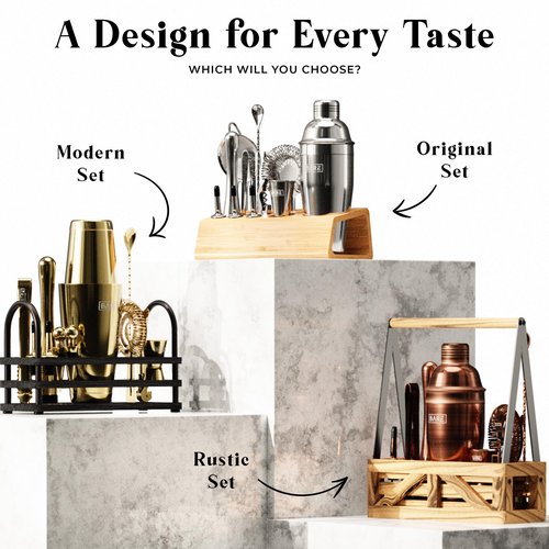BARE BARREL® Mixology Bartender Kit Bar Set | 14-Piece Cocktail Shaker Set | Martini Barware Mixing Tools for Home Bartending | Incl. 35 Recipe Cards | Gift Set (24oz Cobbler Shaker, Gold/Black)