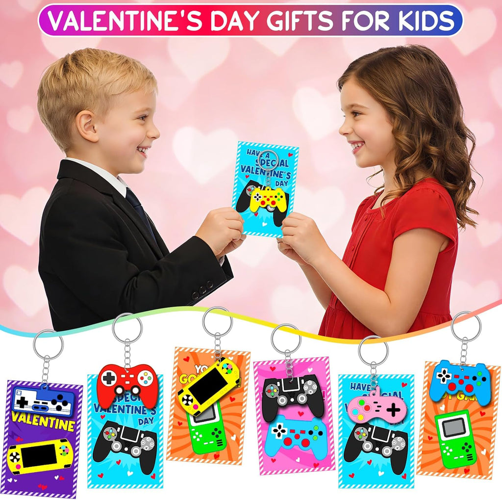 Skiennix 30-Pack Valentine's Day Cards - Fun Video Game Keychains for Kids | Perfect Classroom Exchange Gifts