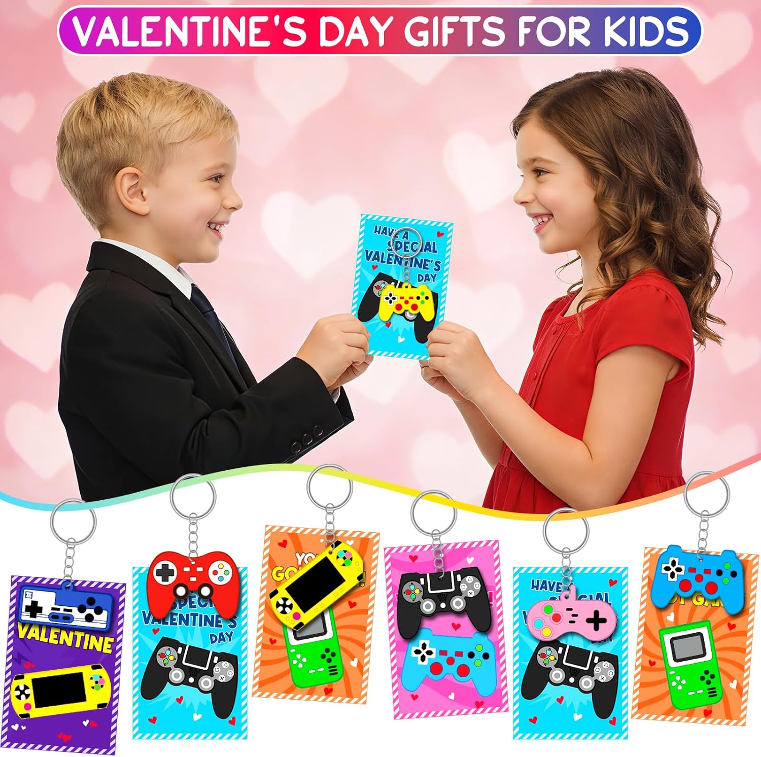 Skiennix 30-Pack Valentine's Day Cards - Fun Video Game Keychains for Kids | Perfect Classroom Exchange Gifts