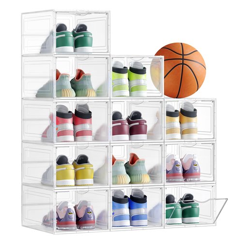 SONGMICS Shoe Boxes, Set of 12, Clear Plastic Shoe Storage, Stackable Sneaker Box, Drop Front Door, Up to US Size 11, Easy Assembly, 13 x 9.8 x 7.1 Inches, Transparent White ULSP032W12