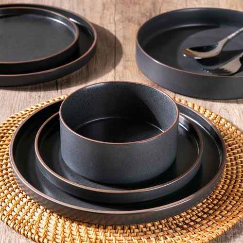 LERATIO Ceramic Dinnerware Sets for 6, High Edge Stoneware Plates and Bowls Set, Chip and Crack Resistant | Oven & Dishwasher & Microwave Safe Dishes Set, Service for 6 -Ashen