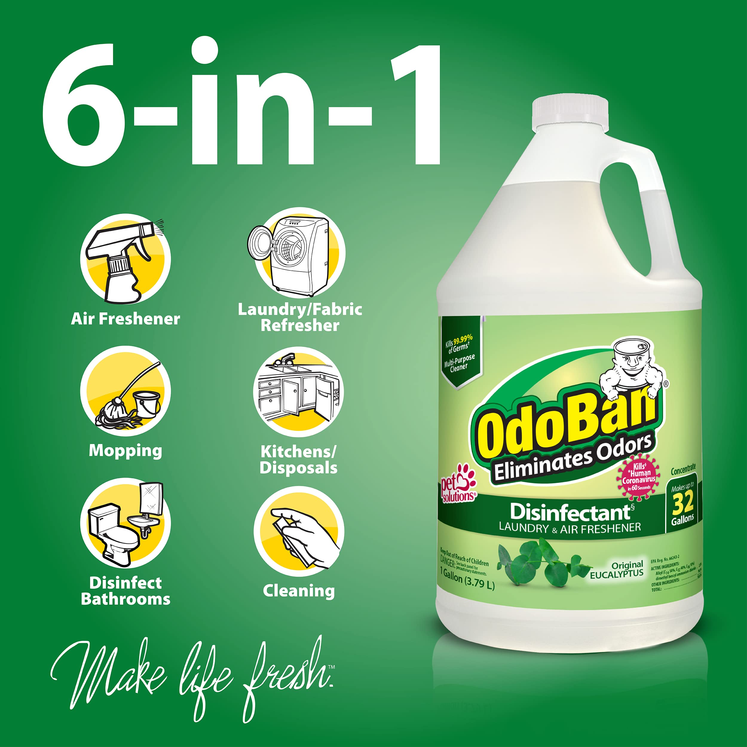 OdoBan Disinfectant Concentrate and Odor Eliminator, Made in The USA, Original Eucalyptus Scent, 8 Gallons