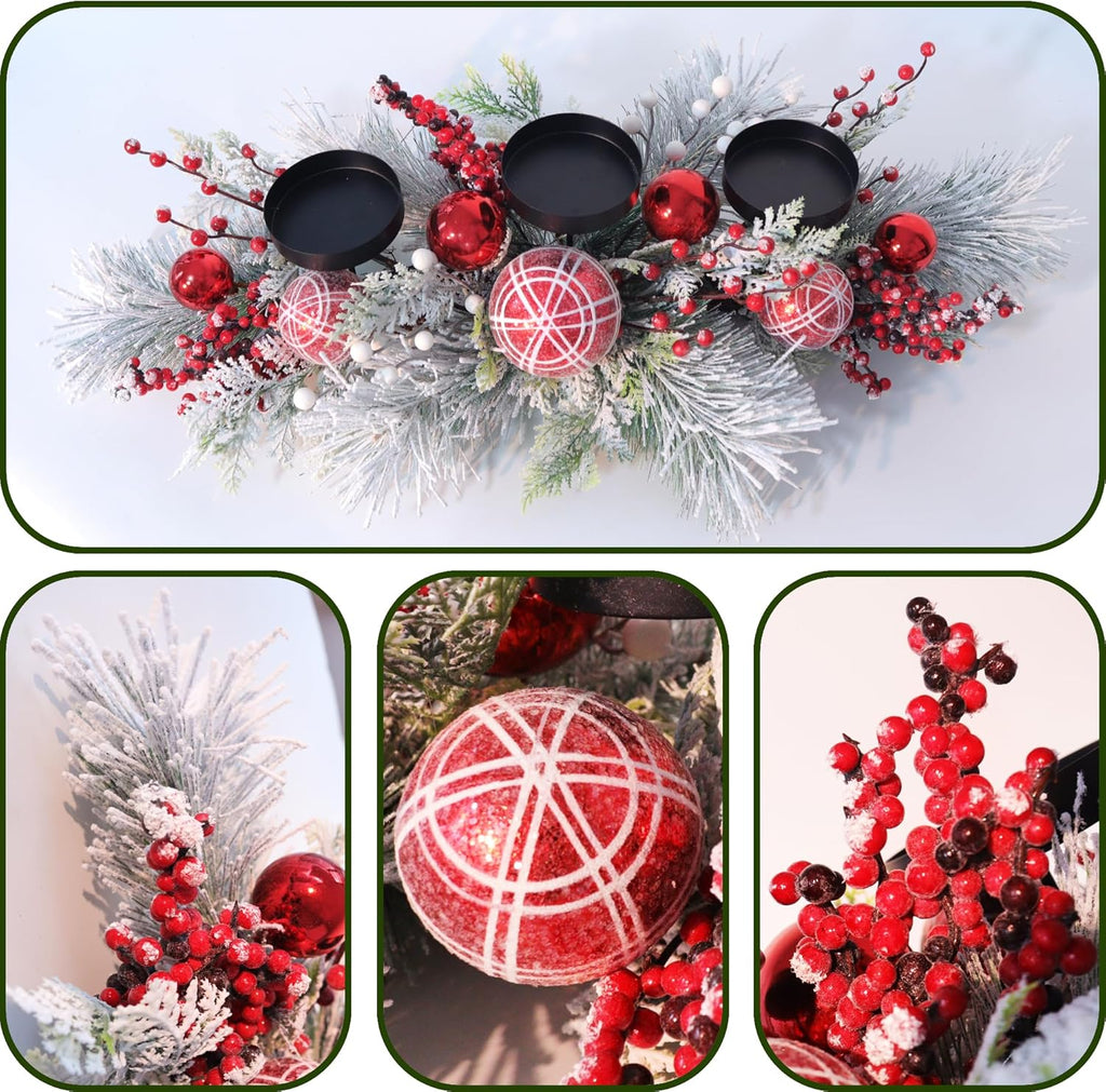 Regine Switzerland Christmas Candle Holder Centerpiece - Red Ornaments & Frosted Pine Branches | Holiday Table Decoration