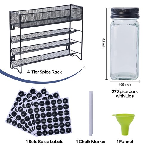 Fiwence Spice Rack Organizer with 27 Spice Jars with Black Lids, Funnel, Spice Labels, Pen, Seasoning Organizer for Cabinet, Countertop, Pantry, Kitchen,Cupboard or Door & Wall Mount