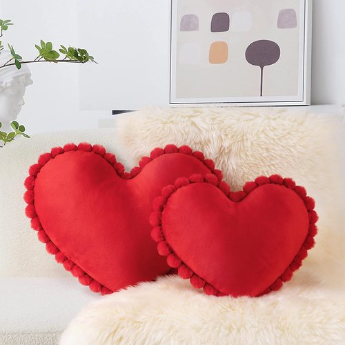 AELS Heart Shaped Pillow, Set of 2, Velvet Throw Pillows, Soft Velvet Love Pillows with Faux Fur Pom Poms, 20 & 16 Inches, Cute Valentines Day Decorations, Wedding Decor, Red