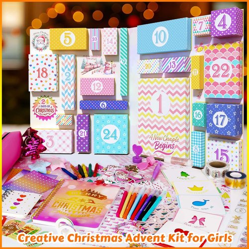 Advent Calendar 2025 for Girls - 24 Day Christmas DIY Journal Kit for Tween & Teen Girls, Stationery Set, Scrapbook & Diary Supplies Set, Journaling Art Crafts Kit, Creative Christmas Gifts
