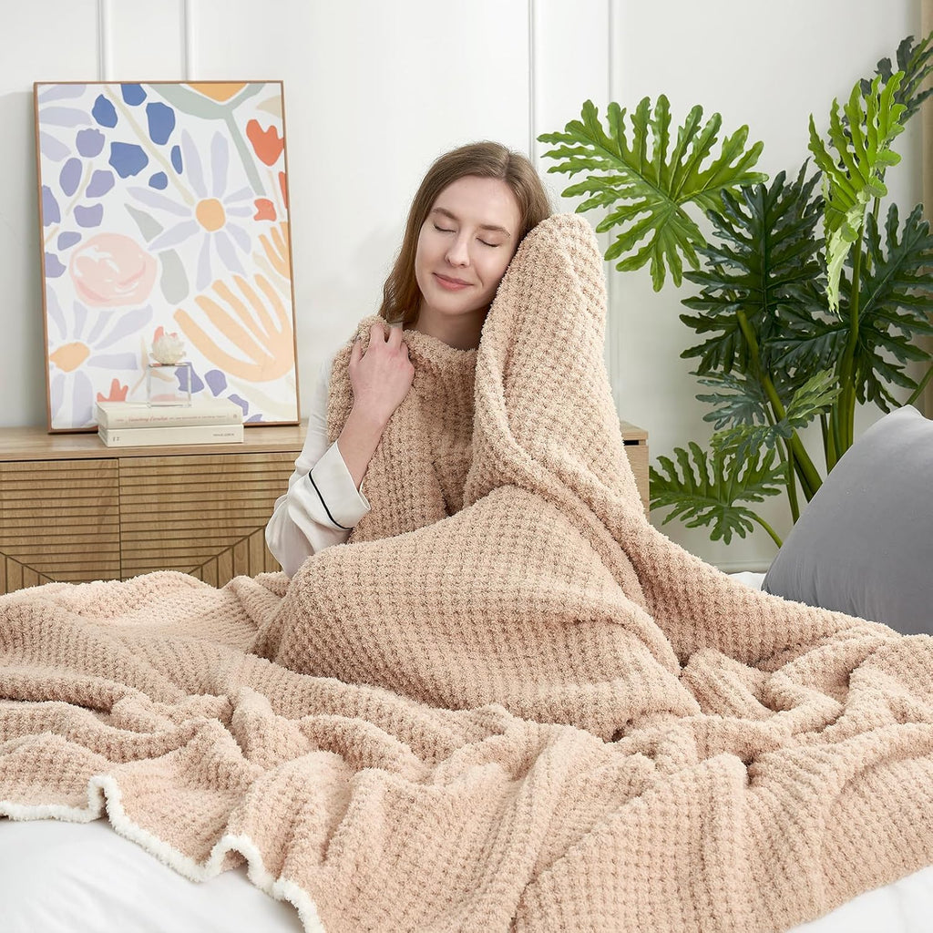 Snuggle Sac Waffle Throw Blanket - Reversible Cozy Microfiber Blanket 50x60 Inches in Beige | Perfect Gift for Women