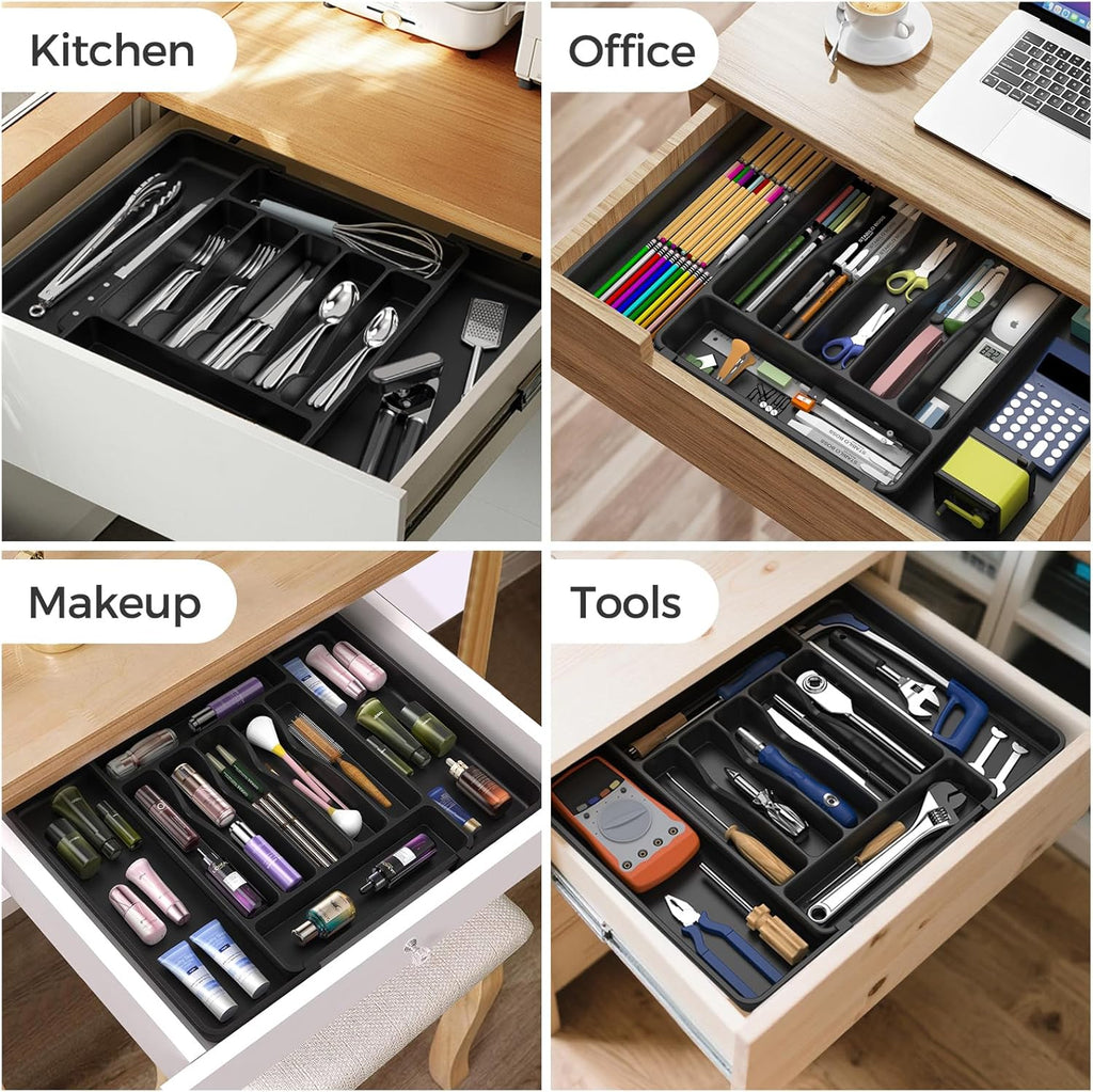 Ukeetap Extra Large Expandable Silverware Organizer - BPA-Free Cutlery Drawer Holder | Adjustable Black Design