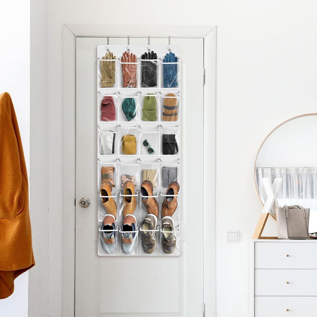 Simple Houseware Over The Door Hanging Shoe Organizer - 24 Large Clear Pockets, White (56" x 22.5")