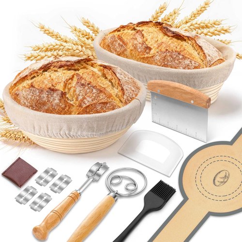 P&P CHEF Sourdough Bread Baking Supplies, 9” Round & 10” Oval Sourdough Proofing Baskets Starter Kit, Bread Making Tool Set with Cloth Liner Bread Lame Scraper Brush Dough Whisk