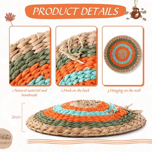 Anglechic 15 Pcs Boho Wall Basket Decor Woven Rattan Seagrass Wall Decor Hanging Rustic Farmhouse Western Art Decoration for Nursery Living Room Bedroom Home Kitchen(Orange Style)