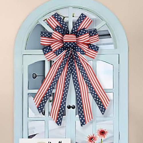 Large Patriotic Bow Wreath by [Brand Name] - 4th of July Decor with American Flag Design | Indoor/Outdoor Red & Blue Stars, 11.4x20.8''