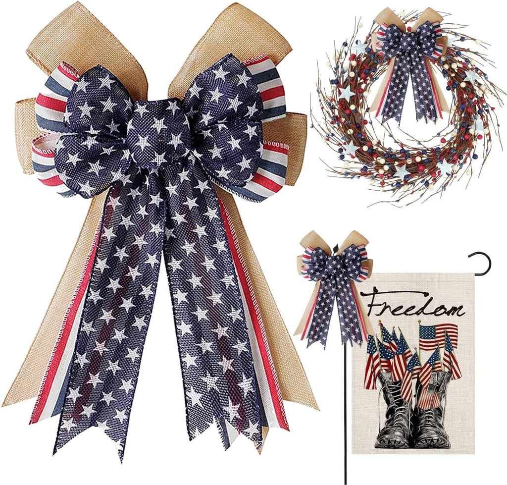 Patriotic Decor - Burlap Red White Blue Stripe Bow | Perfect for Wreaths & 4th of July Celebrations