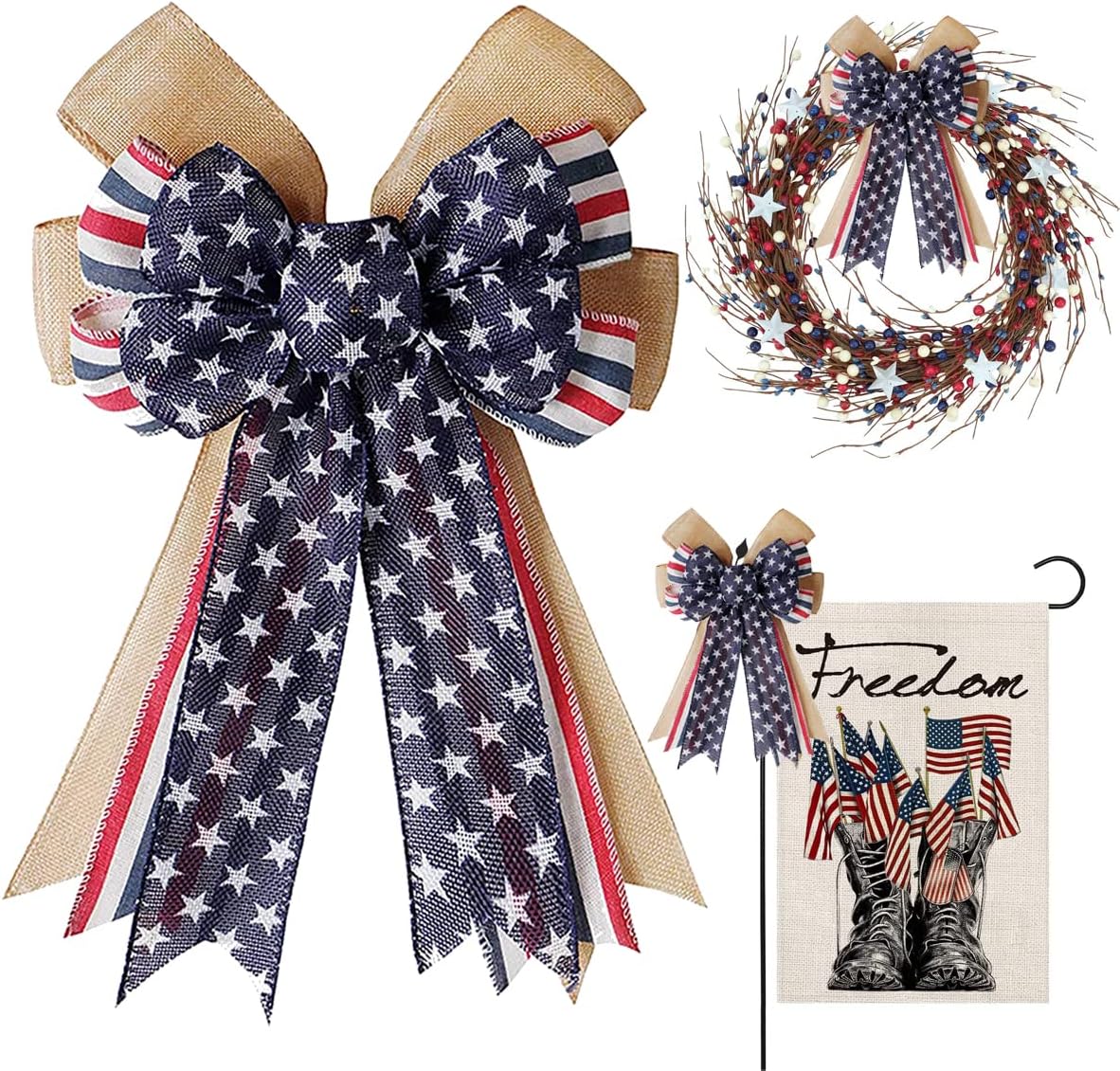 Patriotic Decor - Burlap Red White Blue Stripe Bow | Perfect for Wreaths & 4th of July Celebrations