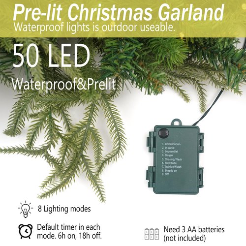 Prelit Christmas Garland 9ft with 50 LED Lights, Battery Opreated Christmas Decor Timer for Mantle Staircase Indoor and Outdoor Prelight Xmas Garland
