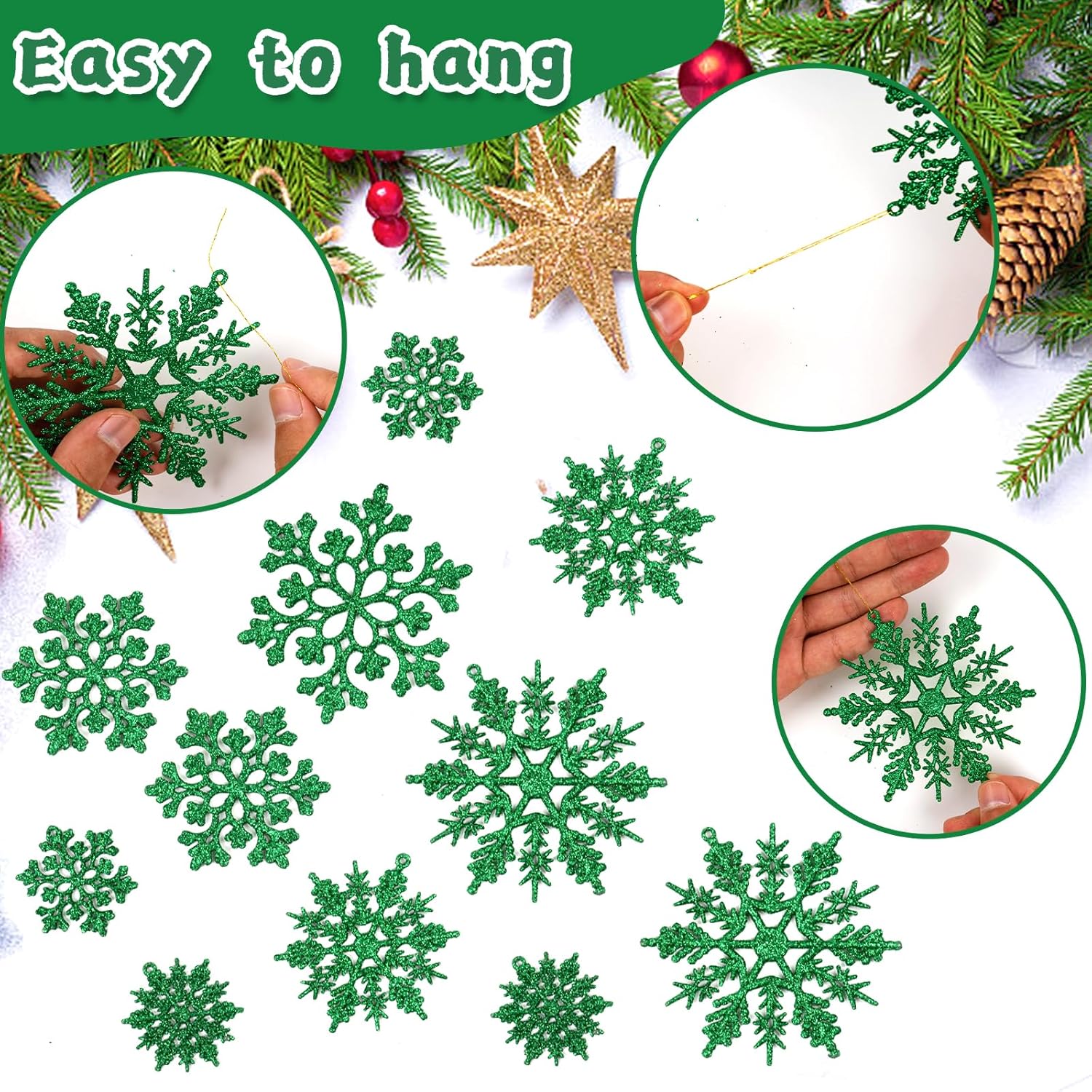 Skiennix Dark Green Christmas Snowflake Ornaments - 36Pcs Glitter Hanging Decor for Winter Wonderland
