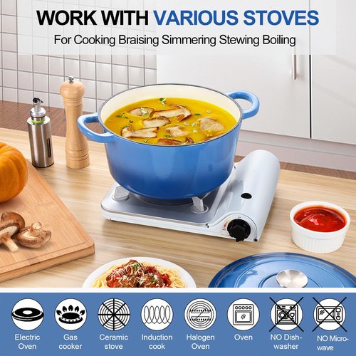 P&P CHEF 7QT Enameled Dutch Oven, Cast Iron Dutch Oven Pot with Lid for Bread Baking, Enameled Casserole Pot for Roasting Braising Stewing Frying Simmering, Various Stoves & Easy Clean, Blue