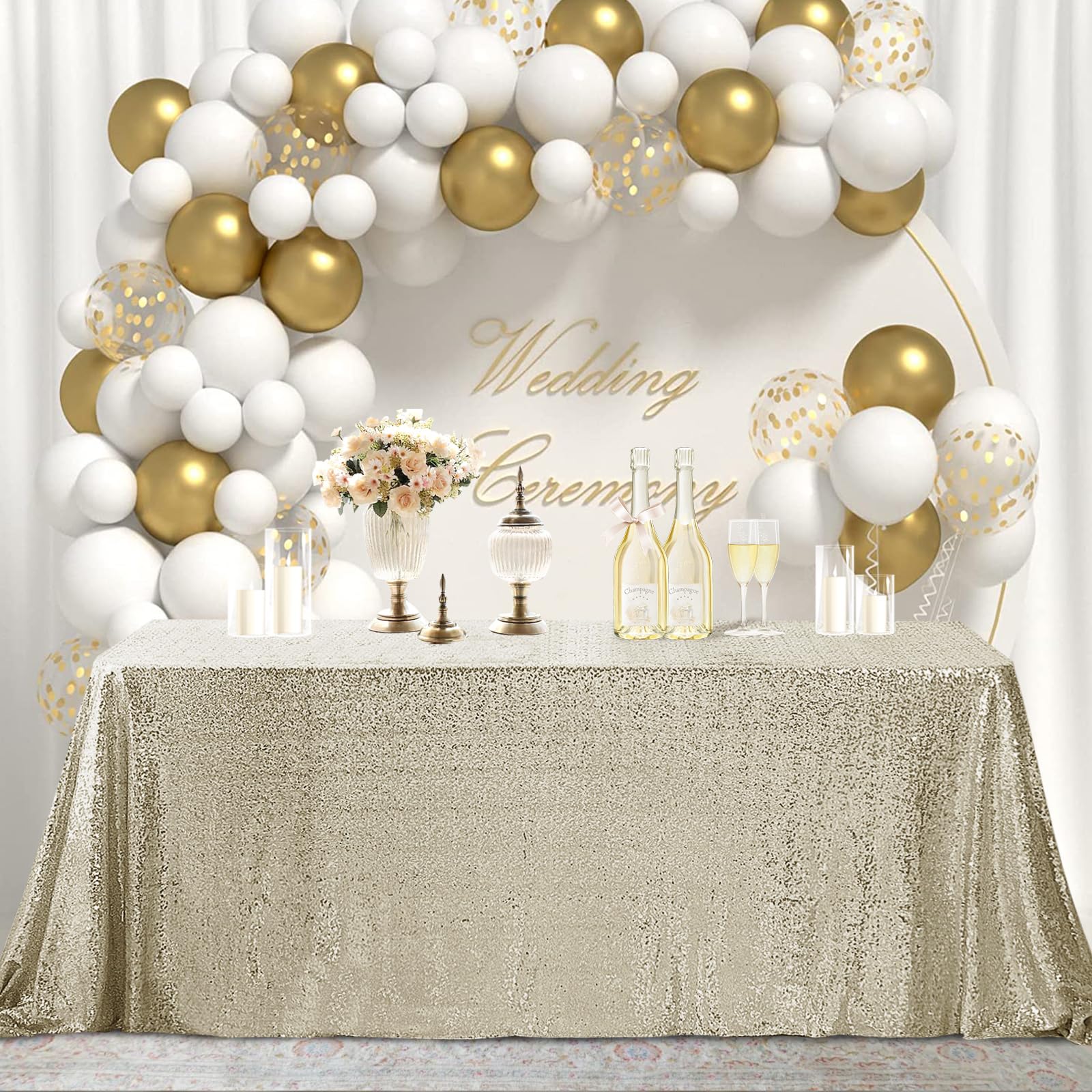 Hahuho 50x80 inch Rectangular Sequin Tablecloth Champagne, Glitter Tablecloth for Bridal Shower Decorations, Birthday, Wedding, Dessert, Banquet（50x80 Inch, Champagne）
