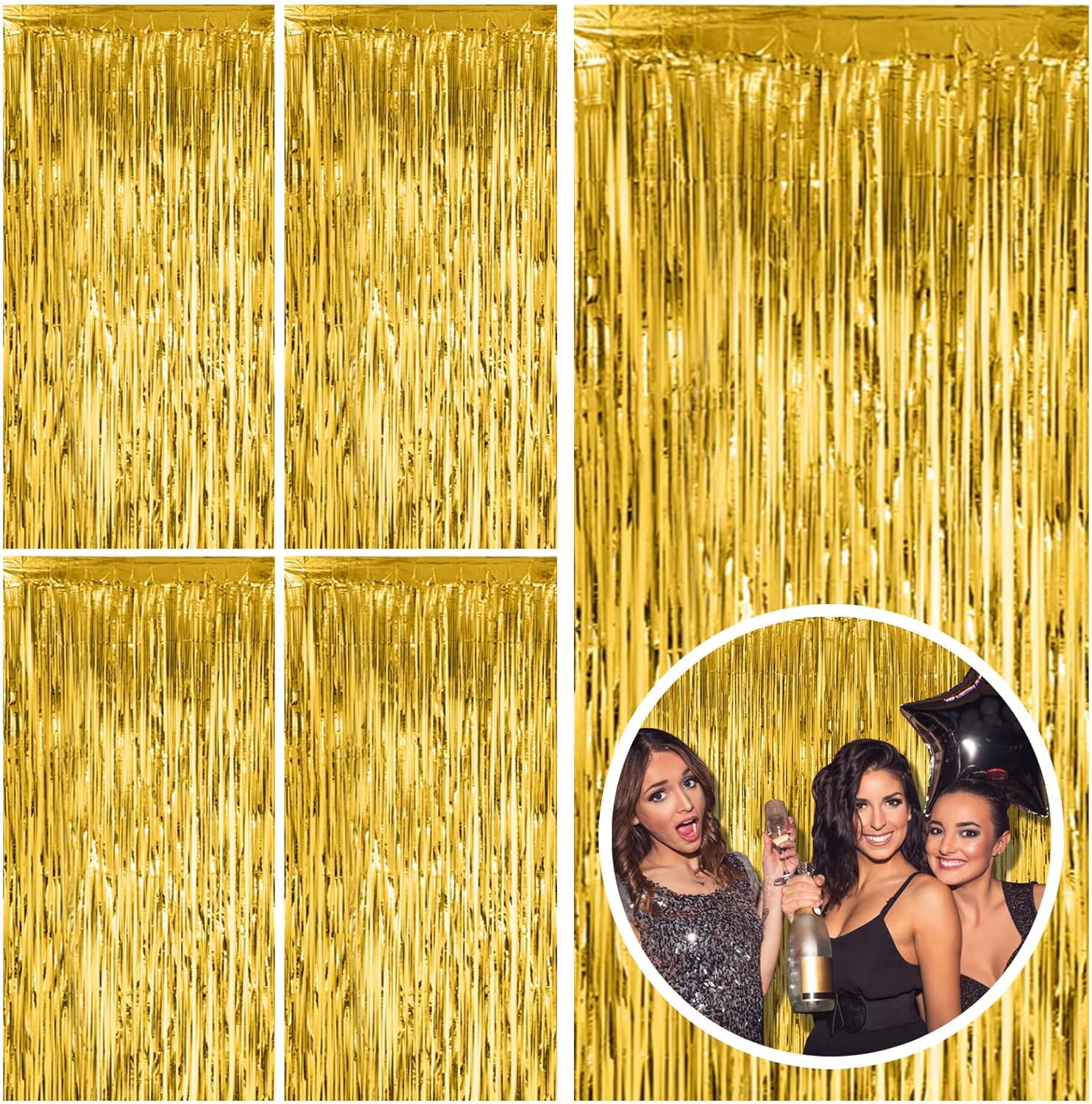 Skiennix Gold Fringe Curtain Backdrop - 5 Pack Tinsel Streamers for Parties & Events | Perfect for Birthdays, Christmas, & Graduations