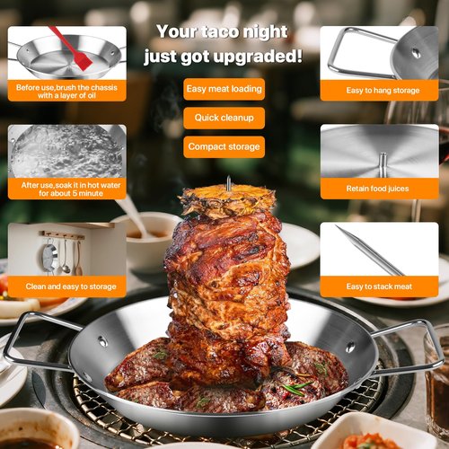 Stainless Steel Shawarma Pan for Oven & Grill - Vertical Skewer with Gyro Plate & 5 Spikes (6"-14") in Middle - Al Pastor Rotisserie for Tacos, Chicken, Pork - Gyro Cooking Pan, Roasting Skewer Stand.