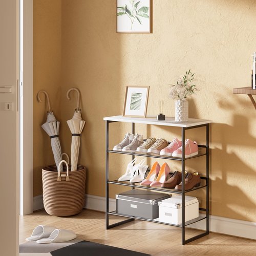 Garden 4 you Shoe Rack for Entryway 4 Tiers 11.8" D x 25" W x 28" H, Metal Shoe Rocks with White Wooden Tabletop, Angled Shoes Rack with Adjustable Mesh Shelves for Entryway Hallway Closet
