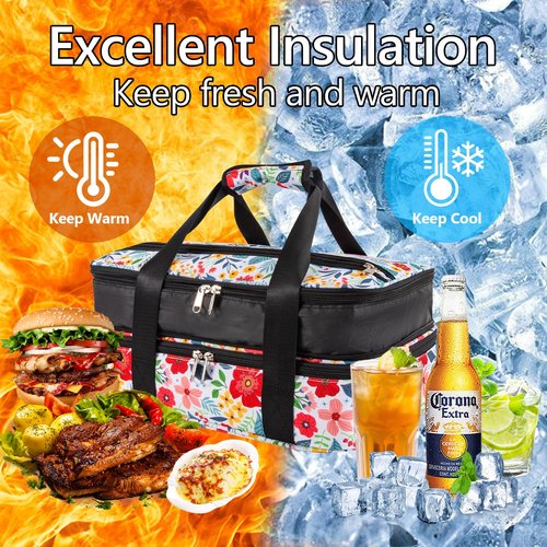 Double Decker Casserole Carrier Fits Pioneer Woman Kitchen Stuff & 9x13 Baking Dish, Expandable Lasagna Lugger Tote, Leakproof Thermal Food Warmer Bag for Potluck, Travel, Hot/Cold Food & Mom Gifts