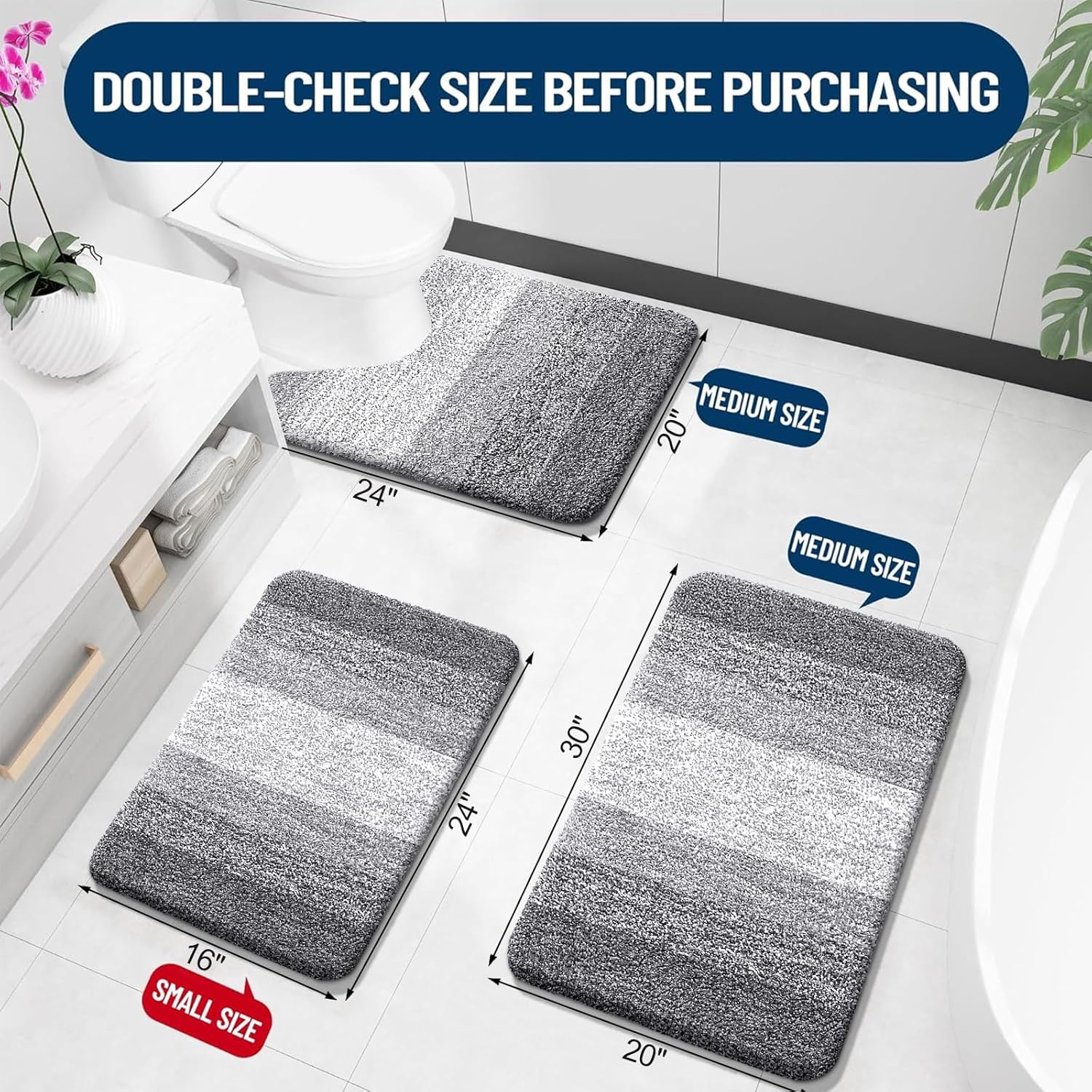 OLANLY Ombre Bath Rug Set - Soft & Absorbent 2-Piece Bathroom Rugs in Grey | 30x20 & 24x20 Inches