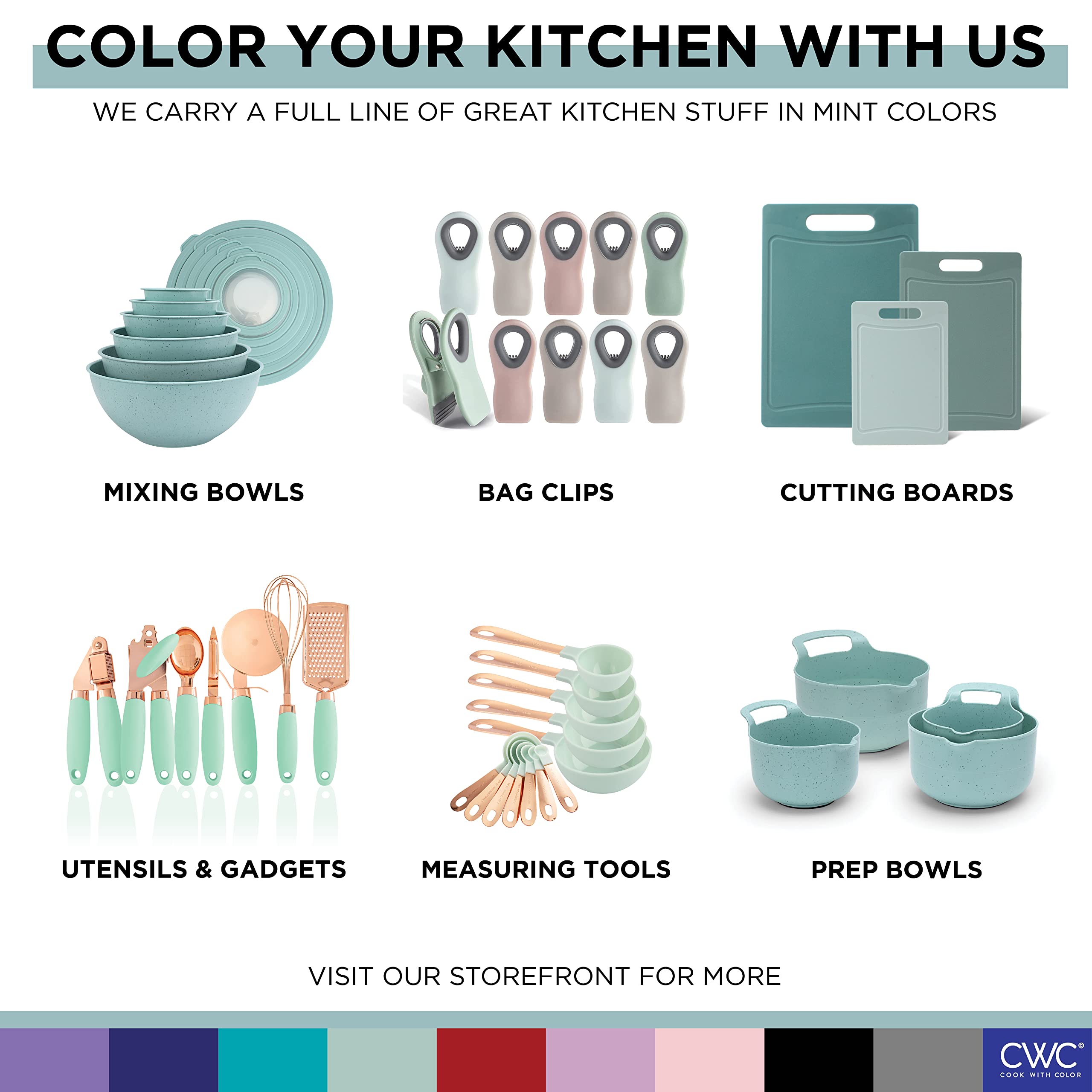 COOK WITH COLOR Nesting Plastic Mixing Bowl Set with Pour Spouts and Handles, Ombre Mint, 4 Piece Non-Slip