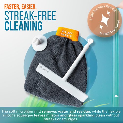 Flipper Dual-Action Squeegee and Microfiber Mitt – 2-in-1 Streak-Free Glass and Mirror Cleaning Tool for Windows, Shower Doors and Countertops – Reusable, Ergonomic, and Durable Design