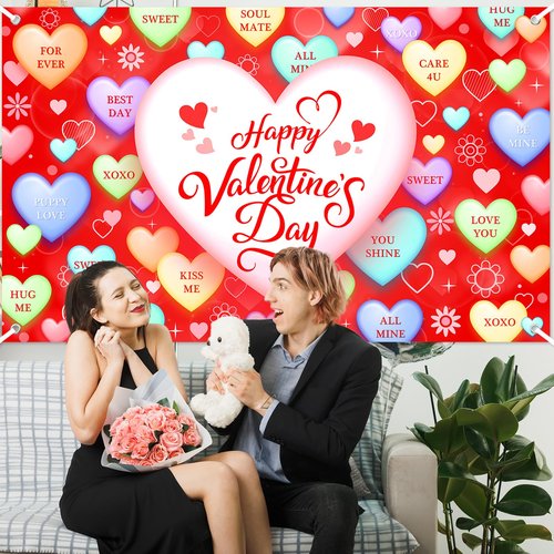 Mocsicka Valentines Backdrop Decorations Banner Red Conversation Heart Romantic Love Valentines Background Valentines Anniversary Party Decorations Photo Booth Props (Red, 6x3.6ft)