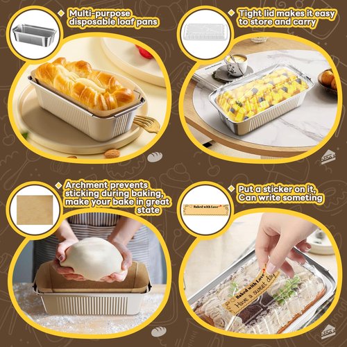 Gyreuni 50 Pack Aluminum Loaf Pans with Lids Stickers and Parchment Paper Sheets,2.4Lb Heavy Duty Aluminum Foil Premium Bread Tins - 8.3" X 4.1" X 2.2" Disposable Baking Pans