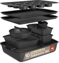 Gray Marble Bakeware Set - 10-Piece Nonstick Carbon Steel Baking Sheets & Pans | Space-Saving & Dishwasher Safe