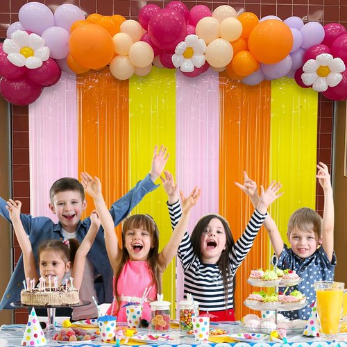 Groovy Foil Fringe Curtains Backdrop Birthday Party Decorations, 2 Pack 3.28 x 6.56 Ft Orange Yellow Pink Tinsel Streamer Photo Booth Props for Hippie Retro Boho Themed Party Decor Supplies