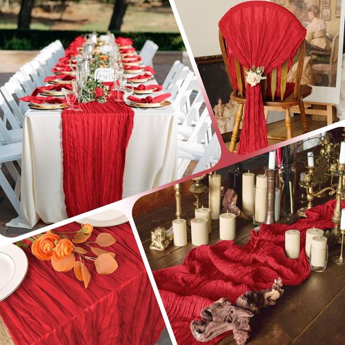 RealBox 28 Pack Red Cheesecloth Table Runner 17x108 Inch Semi Sheer Boho Gauze Cheese Cloth Fabric Table Runners, for Wedding Party Baby Shower Birthday Home Decor Garden Farmhouse