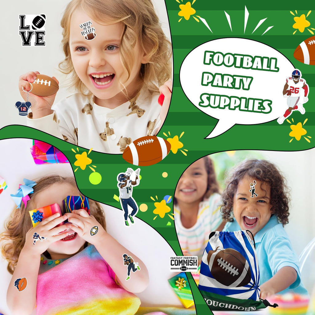 Yeepestmi 110Pcs Football Party Favors Drawstring Bags Football Goodie Bag with Mini Ball, Wristband, Slap bracelets, Keychains, Stickers for Football Party Supplies