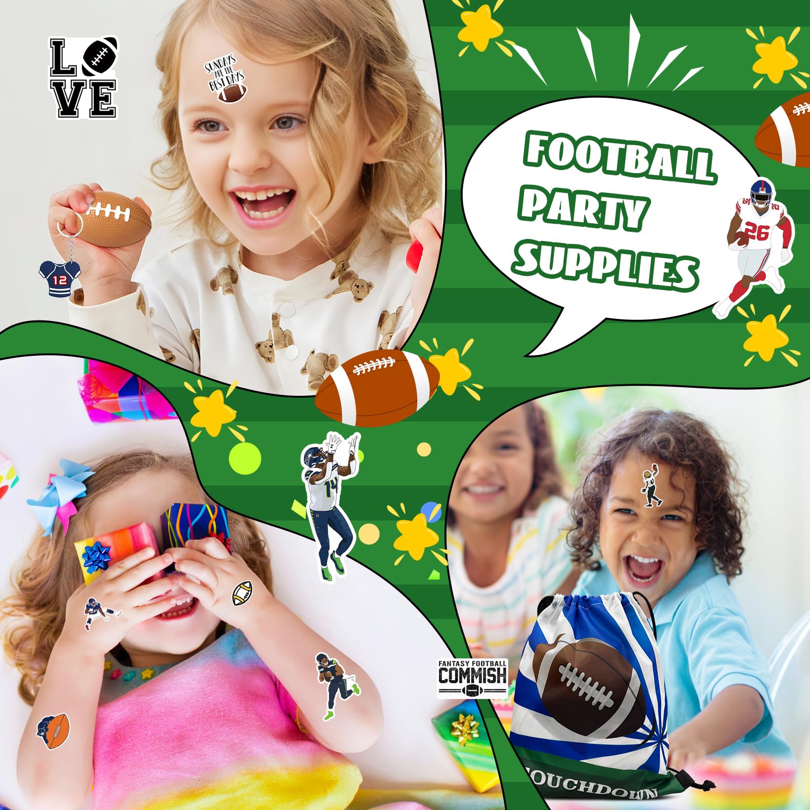 Yeepestmi 110Pcs Football Party Favors Drawstring Bags Football Goodie Bag with Mini Ball, Wristband, Slap bracelets, Keychains, Stickers for Football Party Supplies