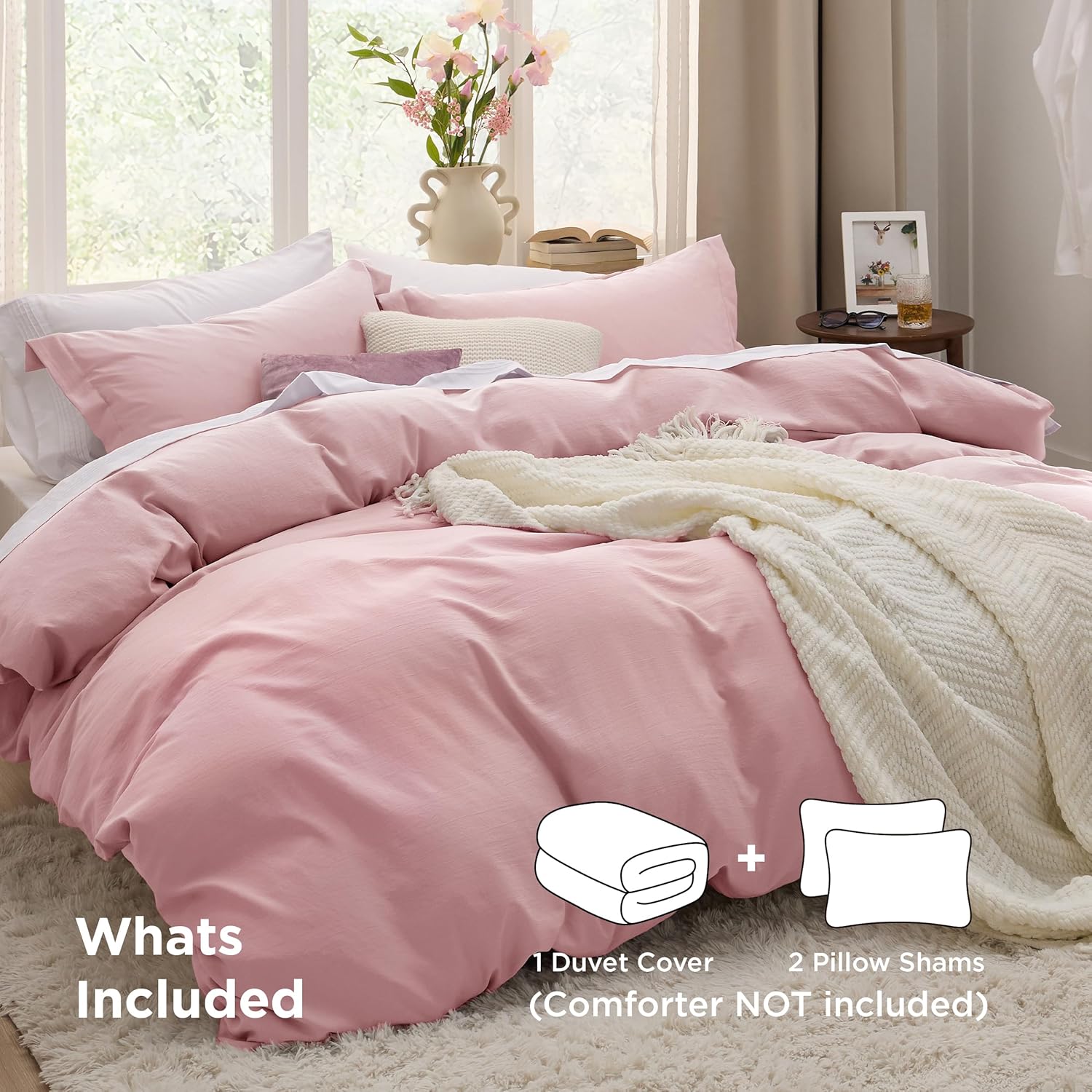 Bedsure Pink Duvet Cover Set - Soft Cotton-Like Polyester, Full Size 3-Piece Bedding Set, 80x90" with Zipper Closure