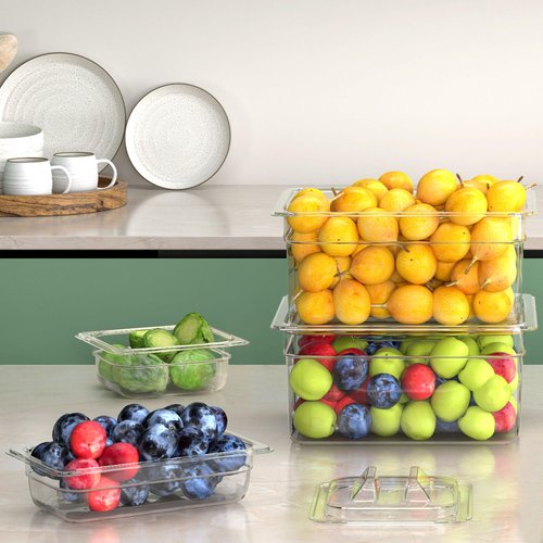 HNEDSEN 6 Pack Plastic Food Pan with Lid 1/2 Size 4 Inch Deep Restaurant Clear Food Storage Containers Polycarbonate Commercial Hotel Pans for Fruits Vegetables Beans Corns (6 PCS, 4'' Deep)