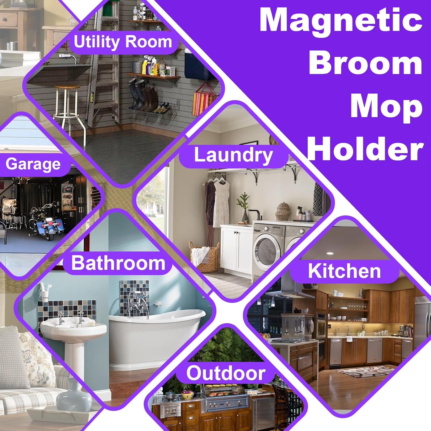Skiennix Magnetic Mop Holder - Heavy Duty Tool Organizer with Swivel Hooks | Ideal for Kitchen, Garage, Laundry