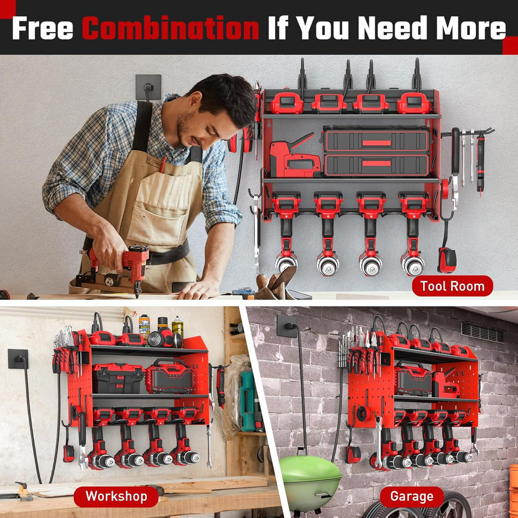 ZESEN Power Tool Organizer - Heavy Duty 3-Layer Wall Mount Shelf with Charging Station & Hooks | Red