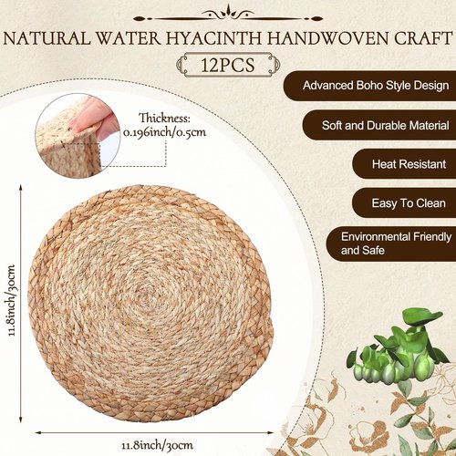 Zhehao 12 Set/36 Pcs Boho Table Placemats, Spring Natural Cotton Burlap, Grass Woven Mats, Macrame Table Decor Farmhouse Style with Tassels Beads Napkin Rings for Wedding Engagement Party