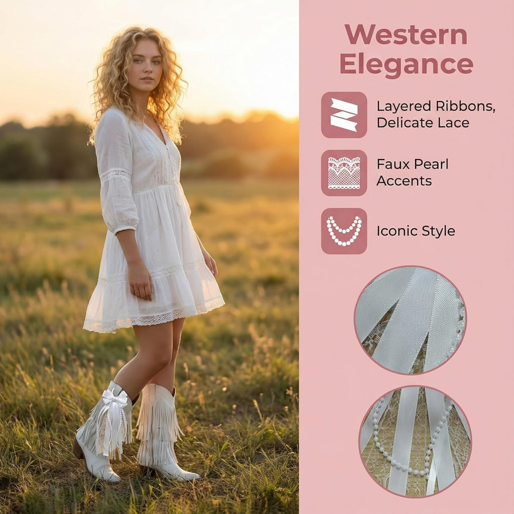 Skiennix White Boot Bows - Satin Ribbon Cowboy Bow Decor for Women | 2 Pcs Holiday Shoe Accessories
