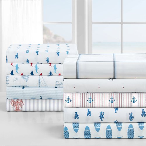 Nautica - Full Size Sheet Sets, Cotton Percale Bedding, Crisp & Cool, Coastal Home Decor (Whale Stripe Blue, Full)