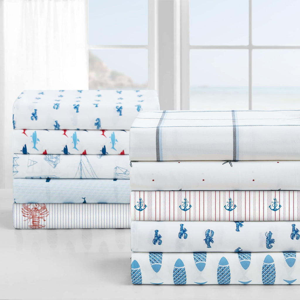 Nautica - Twin XL Size Sheet Set, Crisp Cotton Percale Bedding with Matching Pillowcase, Fully Elastic Fitted Sheet, Deep Pocket, Nautical Room Decor, Breathable All-Season Comfort (Whale Stripe Blue)
