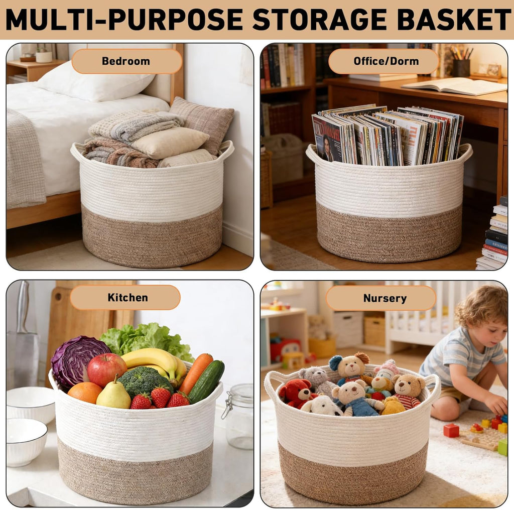 Regine Switzerland 65L Large Woven Cotton Rope Basket - Stylish Laundry Hamper for Bedroom & Living Room, White & Brown