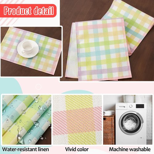 multiwins Easter Table Runner (13"x72") with 4 Placemats (12"x18") & 4 Gift Bags, Thick Fabric Pastel Buffalo Plaid Easter Decorations for Farmhouse Kitchen Dining Room Spring Party