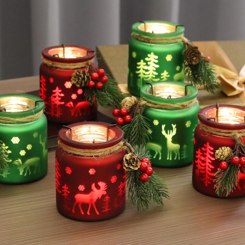 SHMILMH Christmas Candle Holders - Set of 6 Glass Tealight Votive Holders for Festive Table Centerpieces | Red & Green