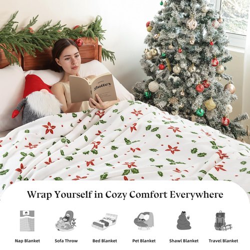 Christmas Fleece Print Throw Blanket Twin Size, Super Soft Plush Cozy Fuzzy Red Floral and Green Leaves Printed Twin Blankets for Couch Sofa Bed, and Home, Microfiber Flannel, All Seasons 60x80 Inches